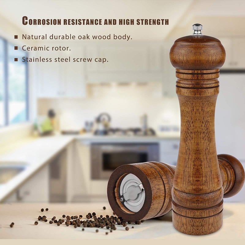 Powstro Pepper Grinder - 8 inch Pepper Mill Oak Wooden Pepper Mill Grinder Refillable Grinder Pepper with Ceramic Grinding Mechanism Adjustable Coarse to Fine (1 Pack) - Image 2